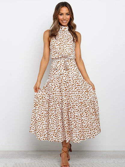 Tiered Midi Dress with Halter Neckline and Self-Tie Waist