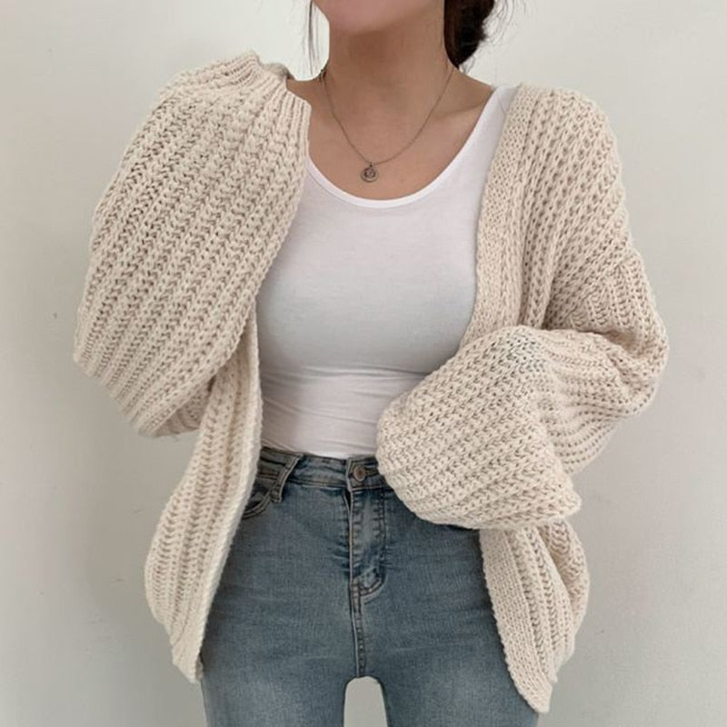 Open-Front Chunky Knit Cardigan with Balloon Sleeves and Relaxed Fit