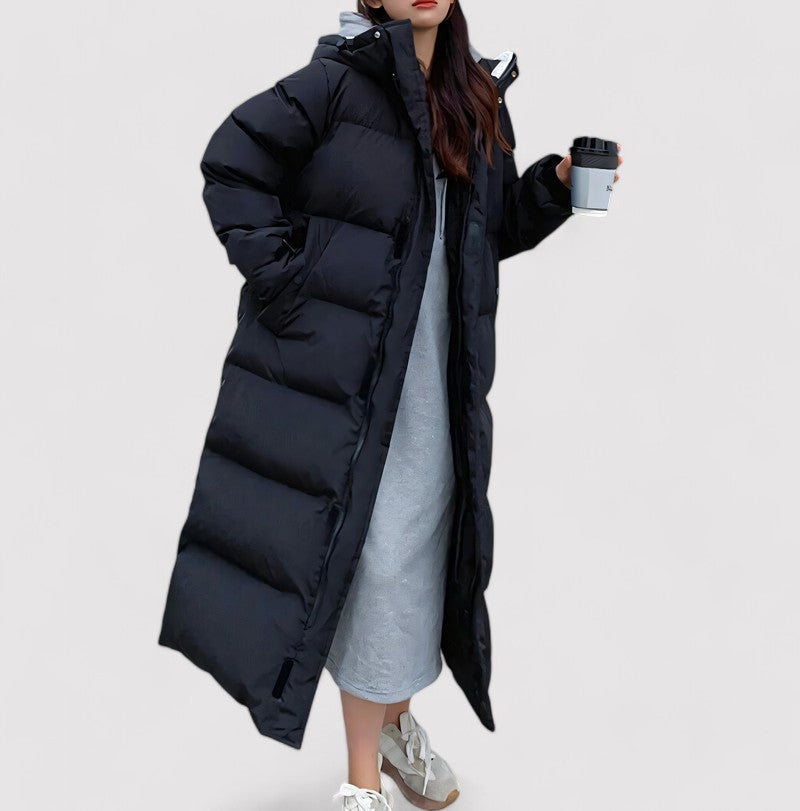 Hooded Maxi Puffer Waterproof Jacket with Zip Closure and Long Sleeves