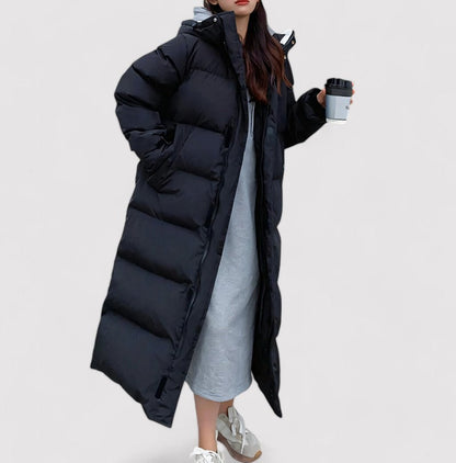 Hooded Maxi Puffer Waterproof Jacket with Zip Closure and Long Sleeves