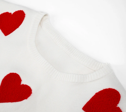 Pullover Sweater with Crew Neckline and Heart Appliqué Pattern