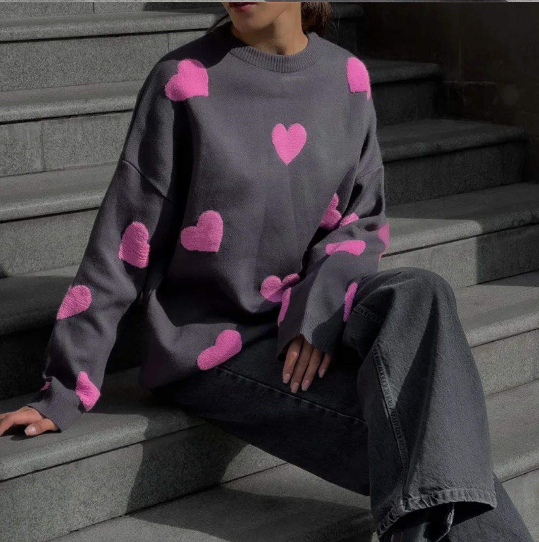 Pullover Sweater with Crew Neckline and Heart Appliqué Pattern