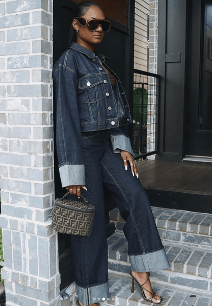 Cropped Denim Jacket and Wide-Leg Denim Trousers Set with Oversized Cuffs and Button Closure