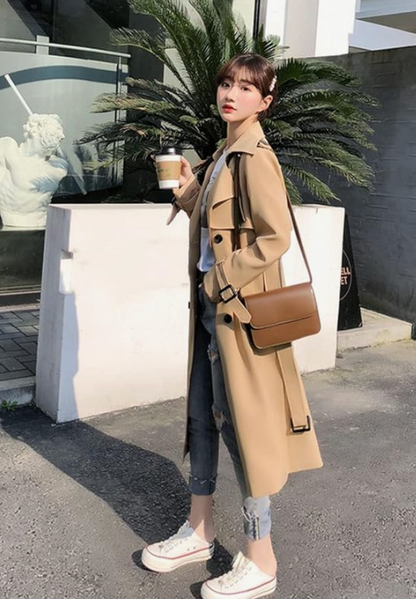 Double-Breasted Trench Coat with Notched Lapels, Rain Flap, and Storm Shield