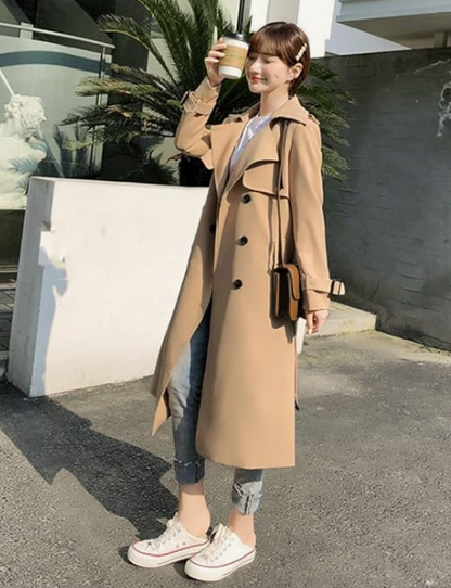 Double-Breasted Trench Coat with Notched Lapels, Rain Flap, and Storm Shield