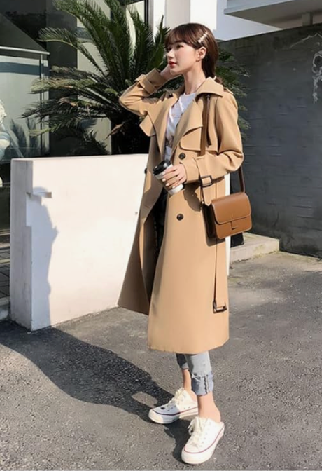 Double-Breasted Trench Coat with Notched Lapels, Rain Flap, and Storm Shield