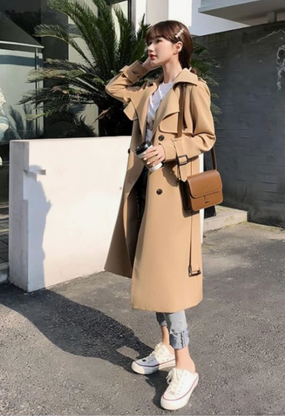 Double-Breasted Trench Coat with Notched Lapels, Rain Flap, and Storm Shield