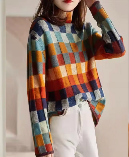 Check Pattern Sweater with Mock Neckline and Split Side Hem
