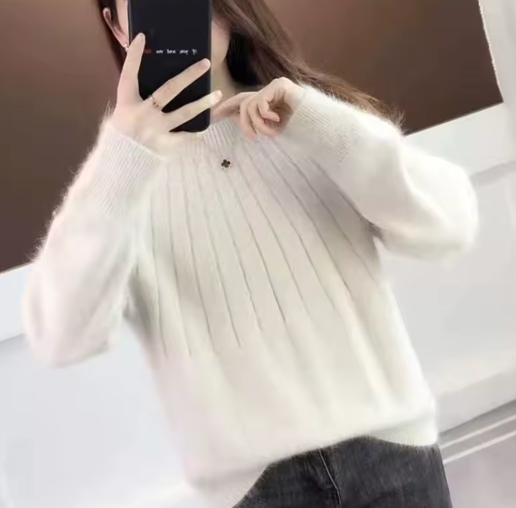 Ribbed Knit Sweater with Crew Neckline Long Sleeves