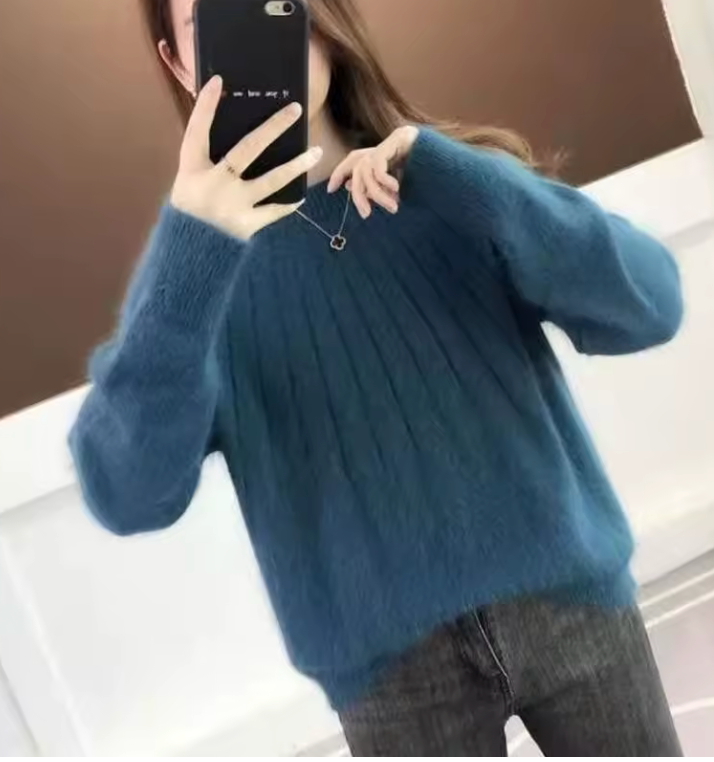 Ribbed Knit Sweater with Crew Neckline Long Sleeves