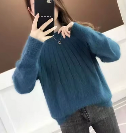Ribbed Knit Sweater with Crew Neckline Long Sleeves