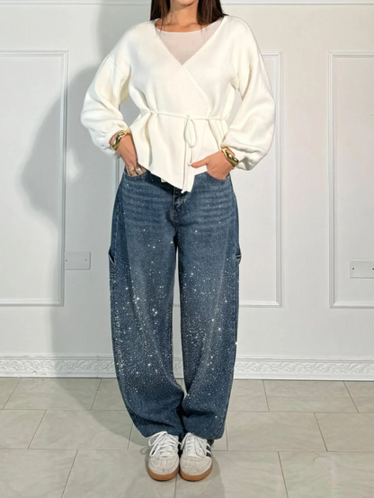 Wide-Leg Denim Trousers with Cargo Pockets and Rhinestone Embellishment