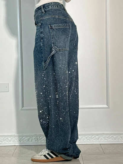 Wide-Leg Denim Trousers with Cargo Pockets and Rhinestone Embellishment