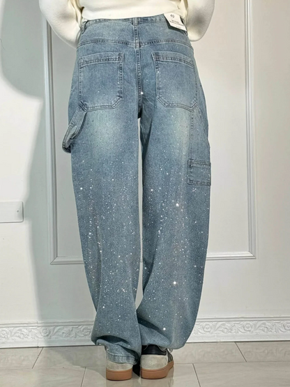 Wide-Leg Denim Trousers with Cargo Pockets and Rhinestone Embellishment