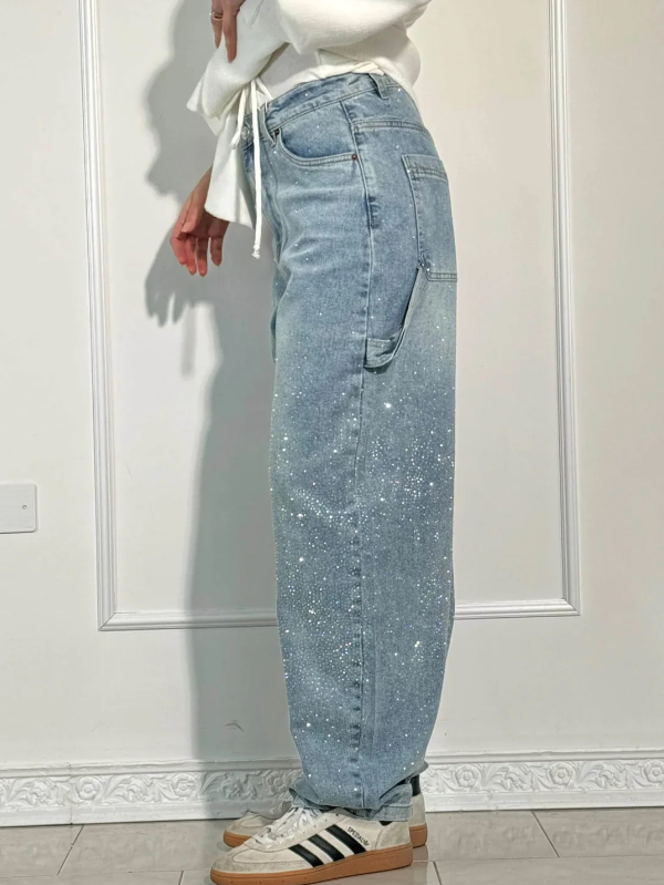 Wide-Leg Denim Trousers with Cargo Pockets and Rhinestone Embellishment