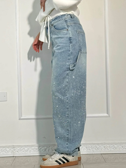 Wide-Leg Denim Trousers with Cargo Pockets and Rhinestone Embellishment