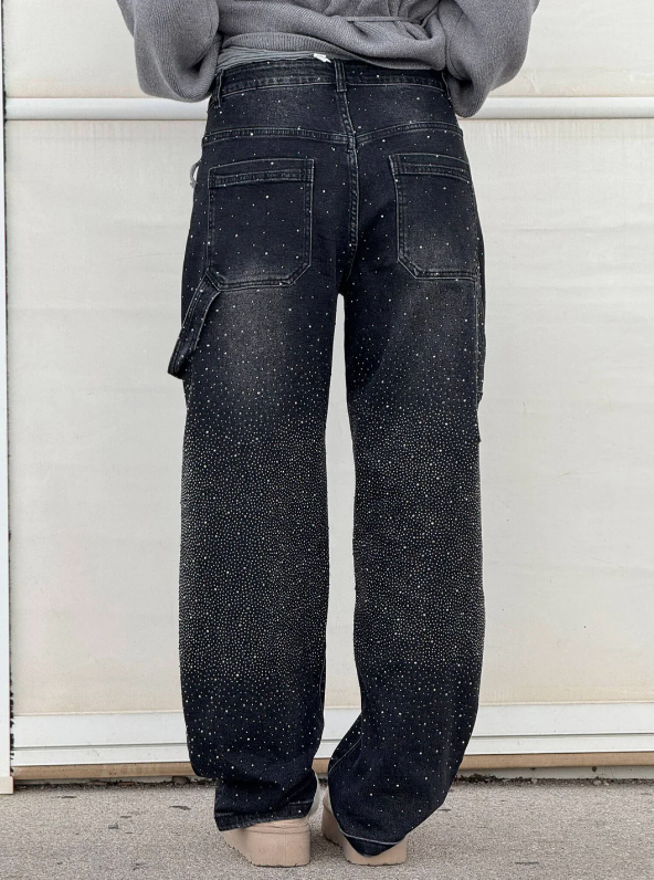Wide-Leg Denim Trousers with Cargo Pockets and Rhinestone Embellishment