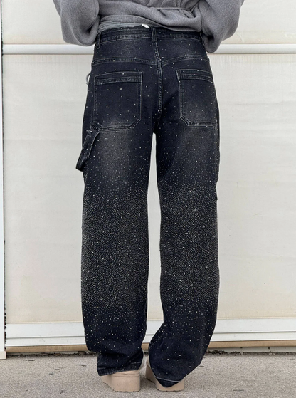 Wide-Leg Denim Trousers with Cargo Pockets and Rhinestone Embellishment