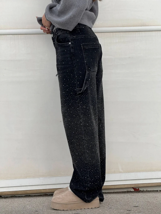 Wide-Leg Denim Trousers with Cargo Pockets and Rhinestone Embellishment