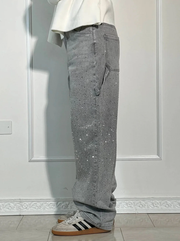 Wide-Leg Denim Trousers with Cargo Pockets and Rhinestone Embellishment