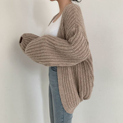 Open-Front Chunky Knit Cardigan with Balloon Sleeves and Relaxed Fit