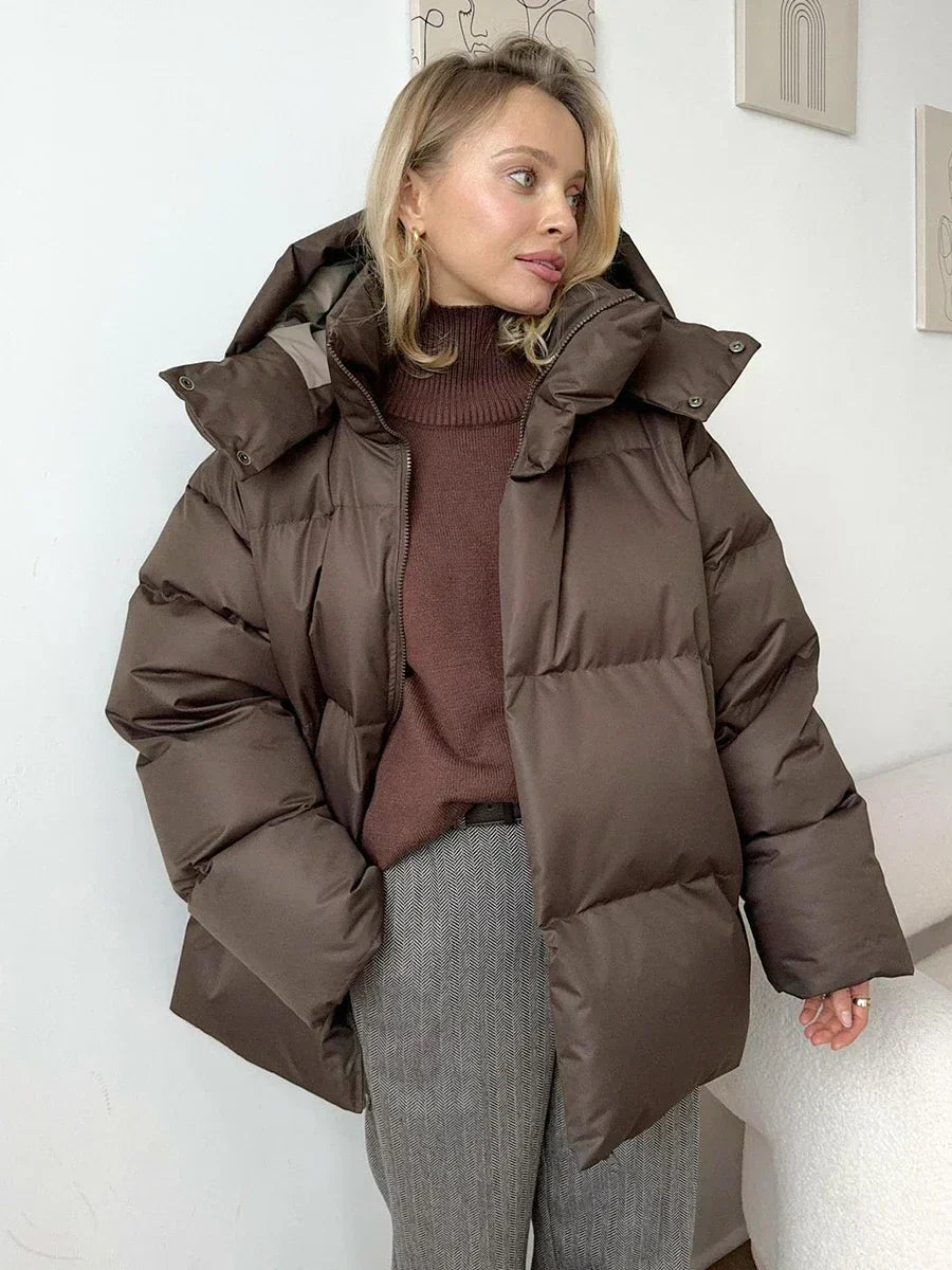 Oversized Puffer Jacket with High Neck and Detachable Hood