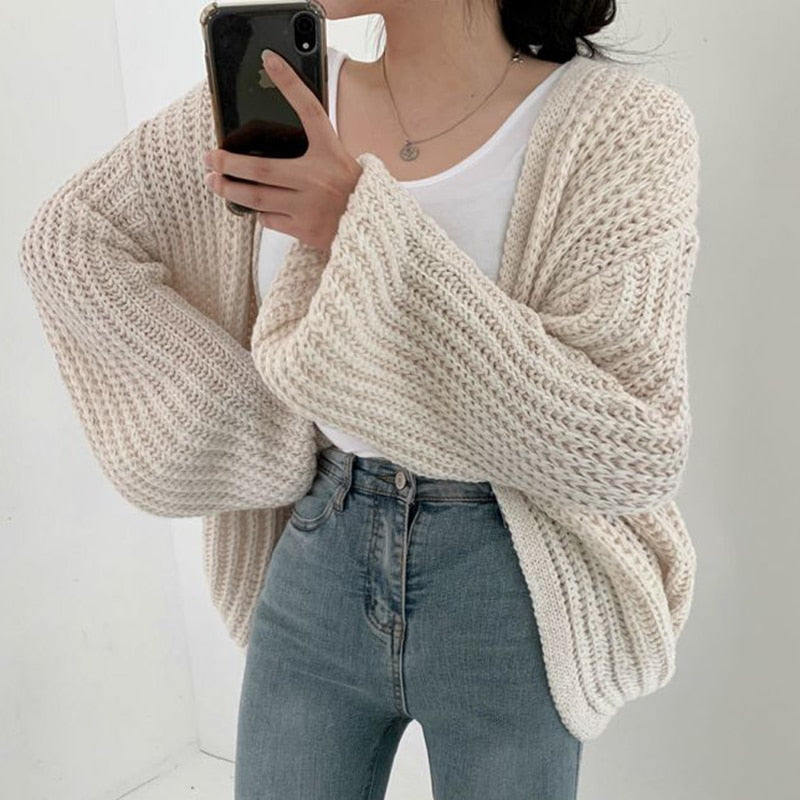Open-Front Chunky Knit Cardigan with Balloon Sleeves and Relaxed Fit