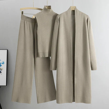 Three-Piece Knit Set with Mock Neck Top, Long Cardigan, and Wide-Leg Trousers