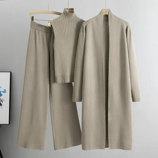 Three-Piece Knit Set with Mock Neck Top, Long Cardigan, and Wide-Leg Trousers