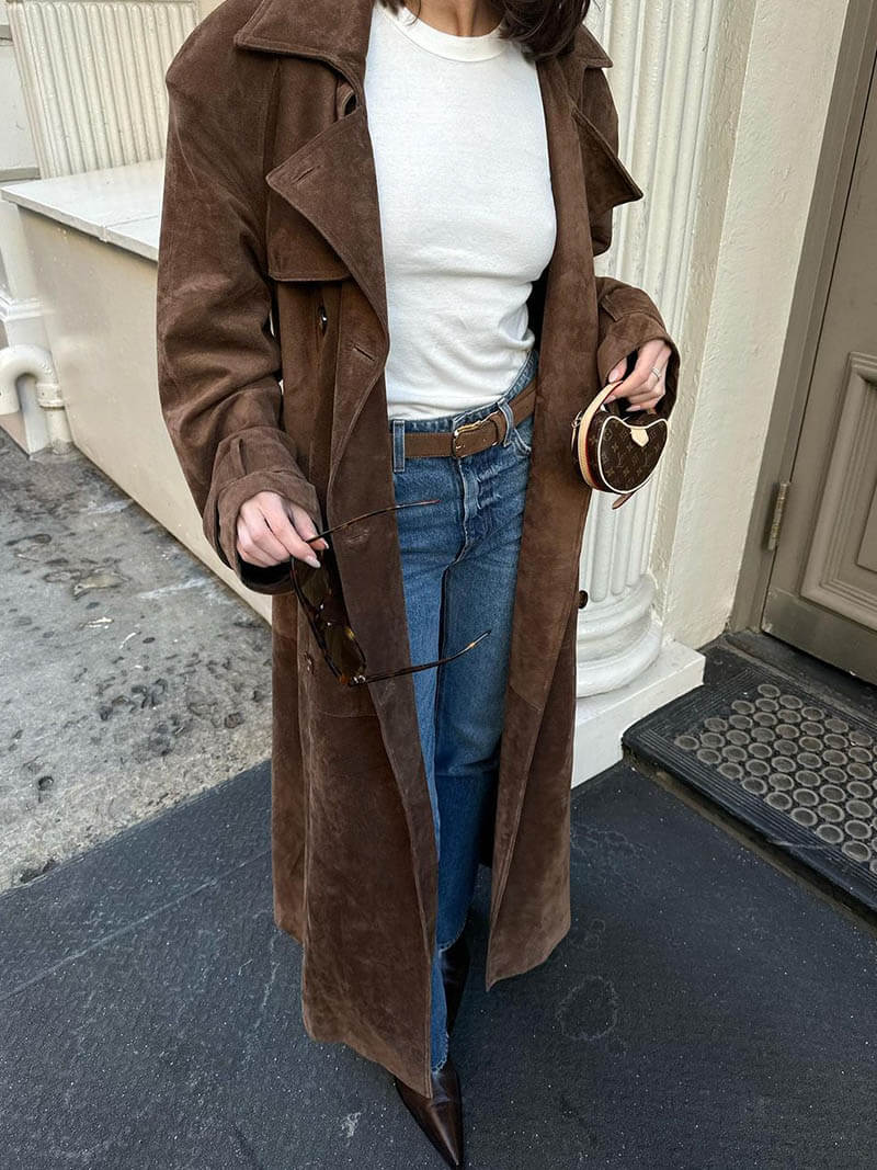 Brown Trench Coat with Notched Lapels and Double-Breasted Closure