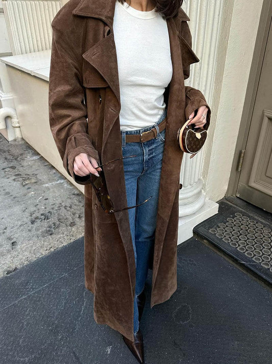 Brown Trench Coat with Notched Lapels and Double-Breasted Closure