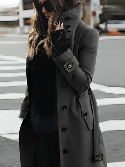 Long Coat with High Collar, Button Closure, and Belted Waist