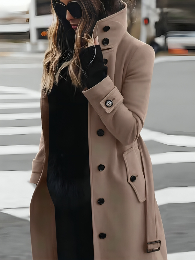 Long Coat with High Collar, Button Closure, and Belted Waist