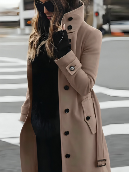 Long Coat with High Collar, Button Closure, and Belted Waist