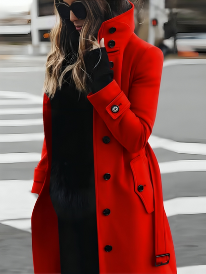 Long Coat with High Collar, Button Closure, and Belted Waist