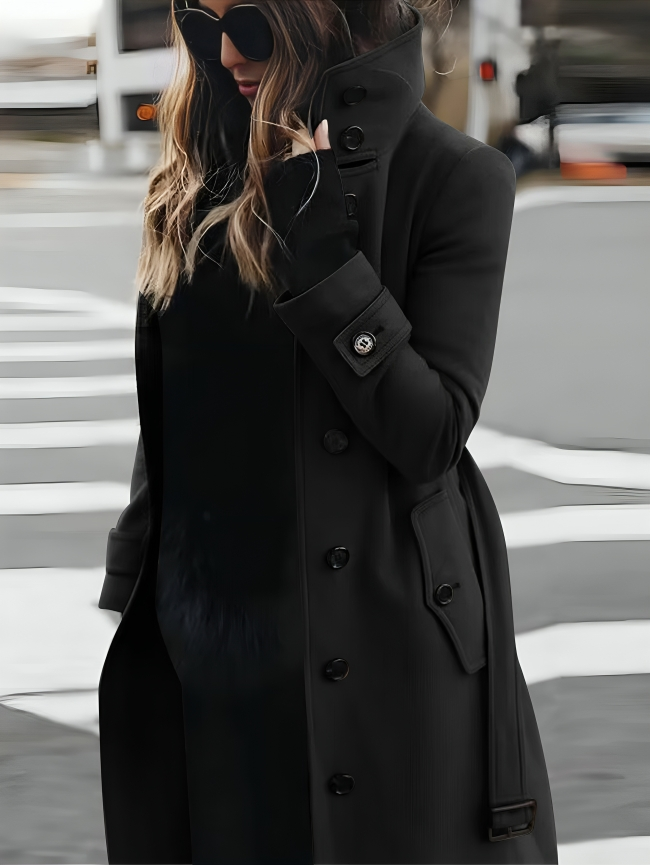 Long Coat with High Collar, Button Closure, and Belted Waist
