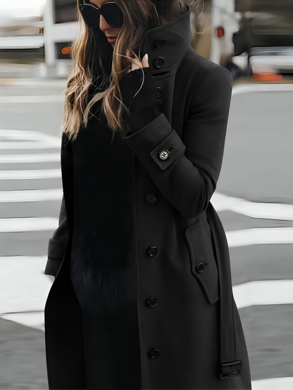 Long Coat with High Collar, Button Closure, and Belted Waist