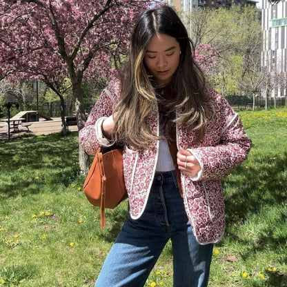 Quilted Stand Collar Cropped Jacket with Contrast Piping and Patch Pockets