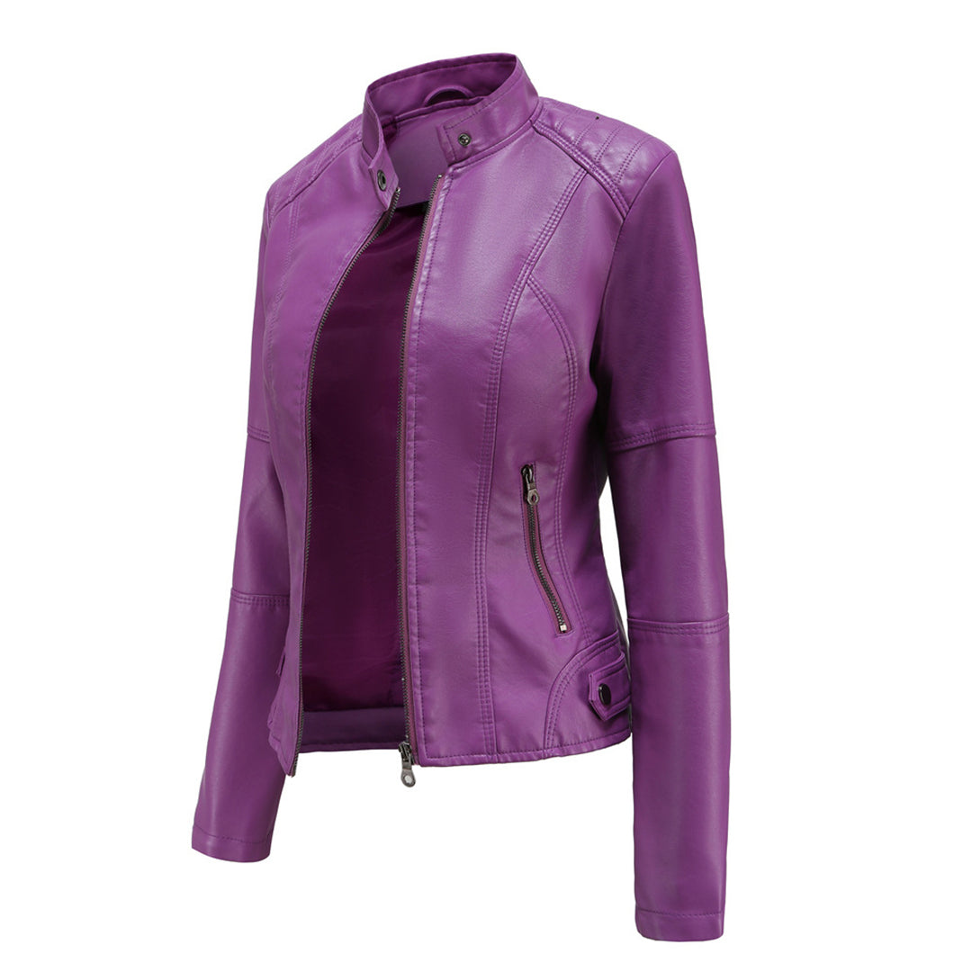 Faux Leather Jacket with Stand Collar and Zip Closure