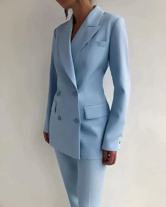 Double-Breasted Blazer Suit Set with Notched Lapels and Trousers