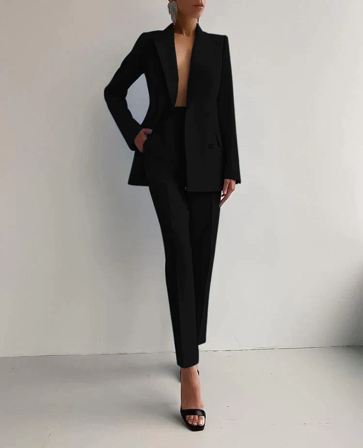 Double-Breasted Blazer Suit Set with Notched Lapels and Trousers
