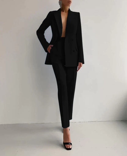 Double-Breasted Blazer Suit Set with Notched Lapels and Trousers