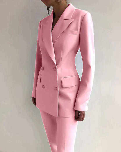 Double-Breasted Blazer Suit Set with Notched Lapels and Trousers