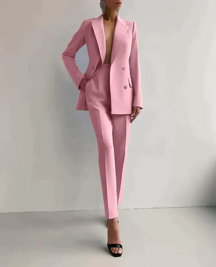 Double-Breasted Blazer Suit Set with Notched Lapels and Trousers
