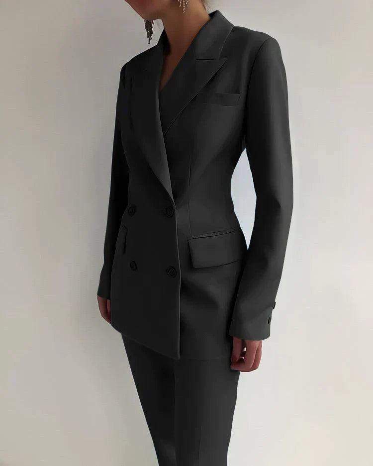 Double-Breasted Blazer Suit Set with Notched Lapels and Trousers