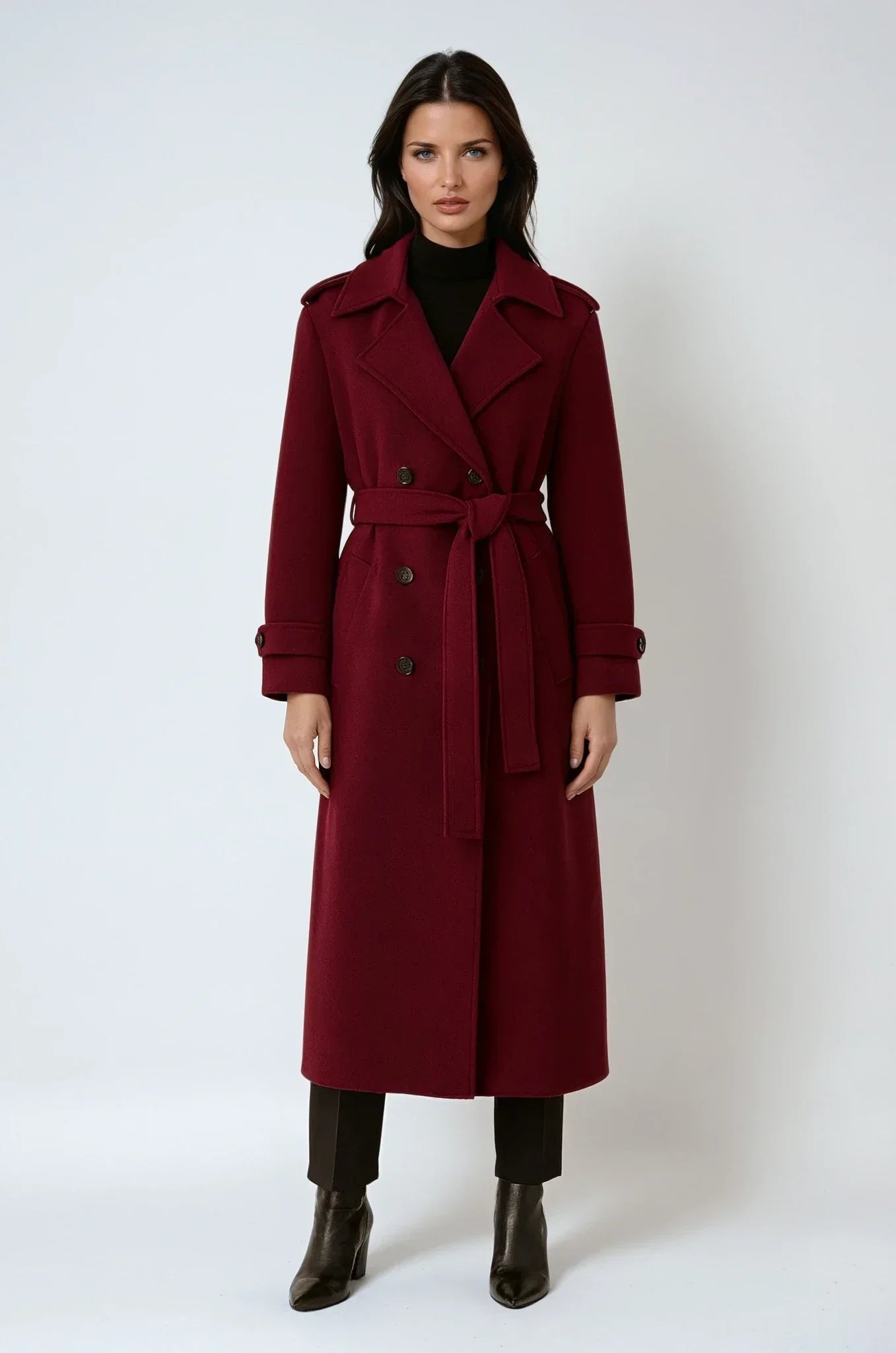 Notched Lapel Maxi Length Wool Coat with Double-Breasted Closure