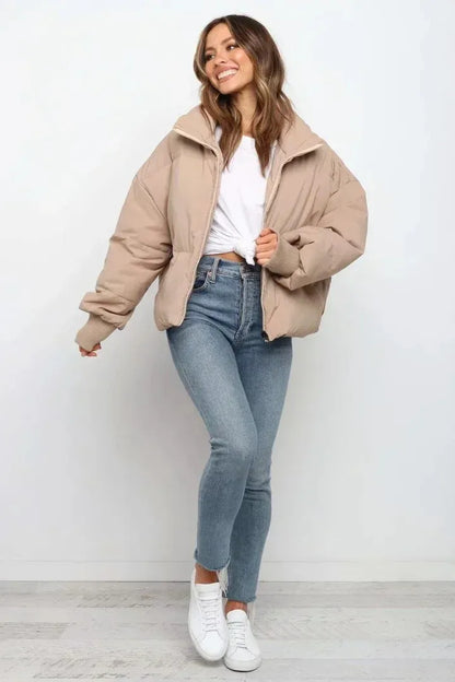 Oversized Short Puffer Jacket with Zip-Up Closure and Ribbed Cuffs