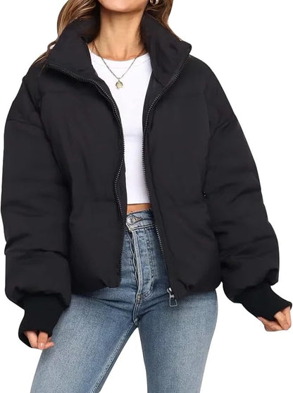 Oversized Short Puffer Jacket with Zip-Up Closure and Ribbed Cuffs