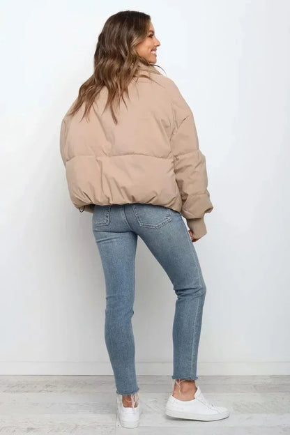 Oversized Short Puffer Jacket with Zip-Up Closure and Ribbed Cuffs