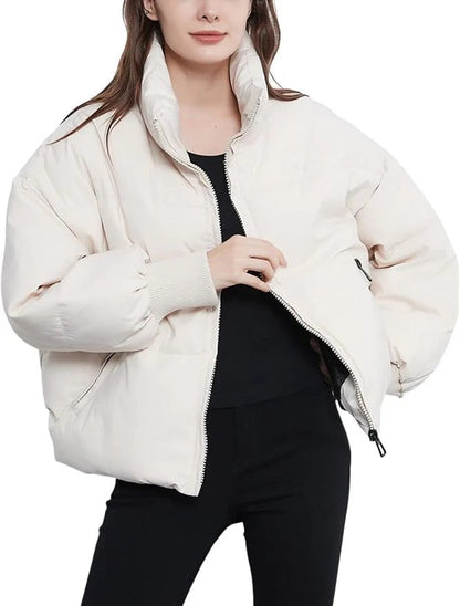 Oversized Short Puffer Jacket with Zip-Up Closure and Ribbed Cuffs